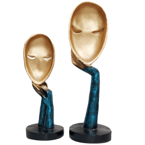 Pair of Golden Blue The Lady Face Statue Table Accent