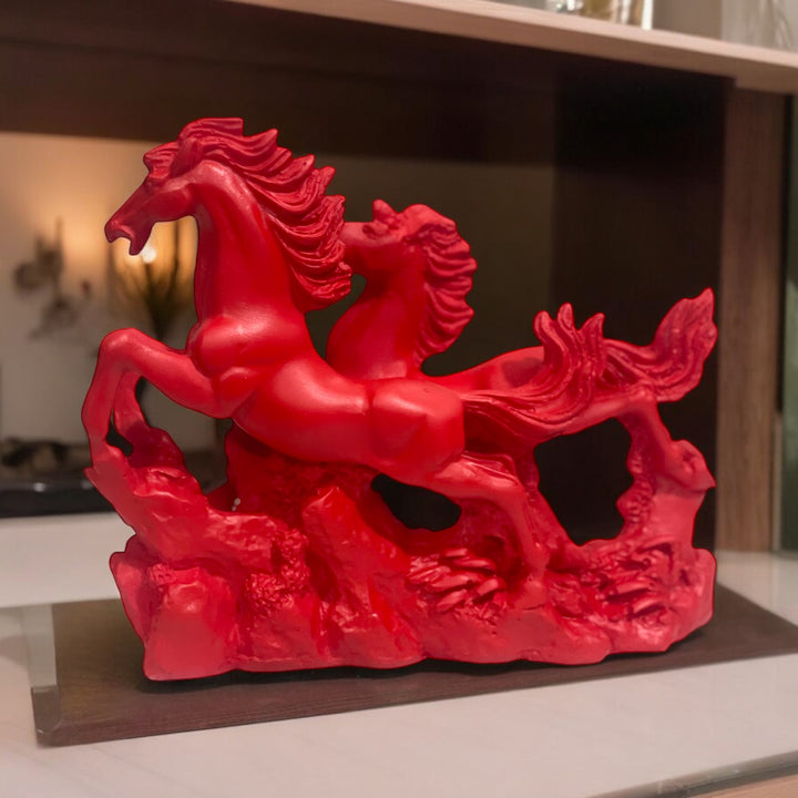 Two Red/Cherry Running Horses for Feng Shui and Vastu for Positive Energy H- 16 cm