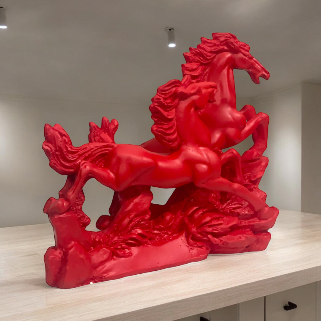 Two Red/Cherry Running Horses for Feng Shui and Vastu for Positive Energy H- 16 cm