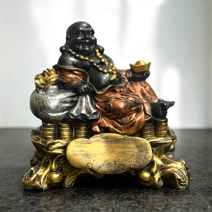 Laughing Buddha Sitting on Coins Statue Resin Figurine The Best Gift For Baby Shower H- 21 cm