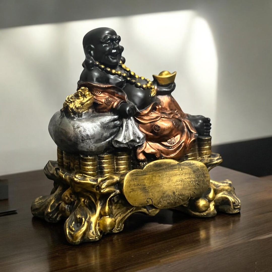 Laughing Buddha Sitting on Coins Statue Resin Figurine The Best Gift For Baby Shower H- 21 cm