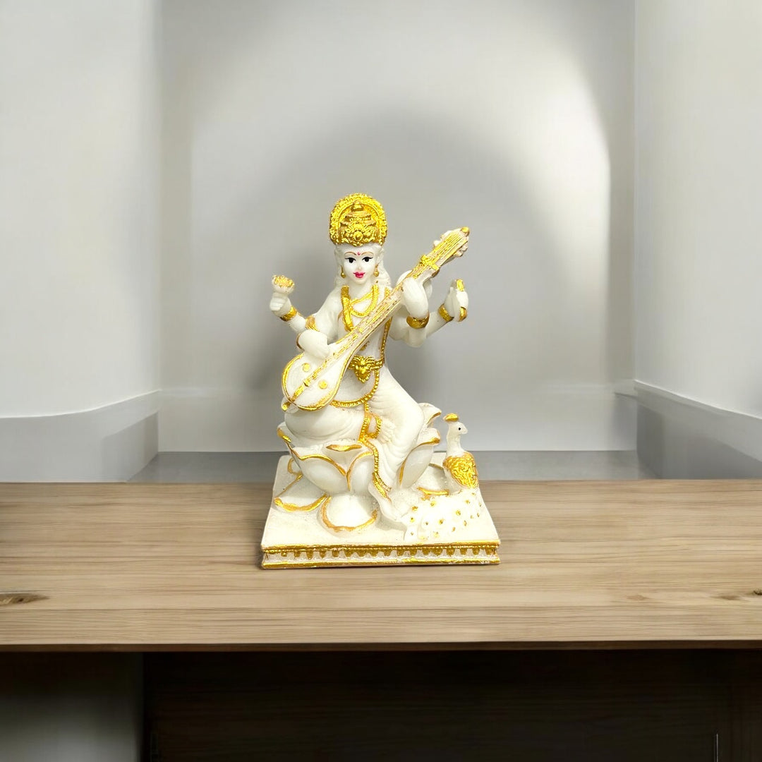 Lord Saraswati Idol Marble Look Murti Best For Home Temple H- 15 CM