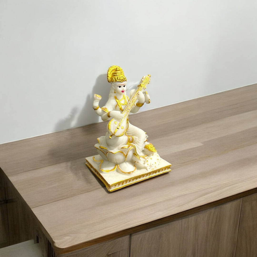 Lord Saraswati Idol Marble Look Murti Best For Home Temple H- 15 CM