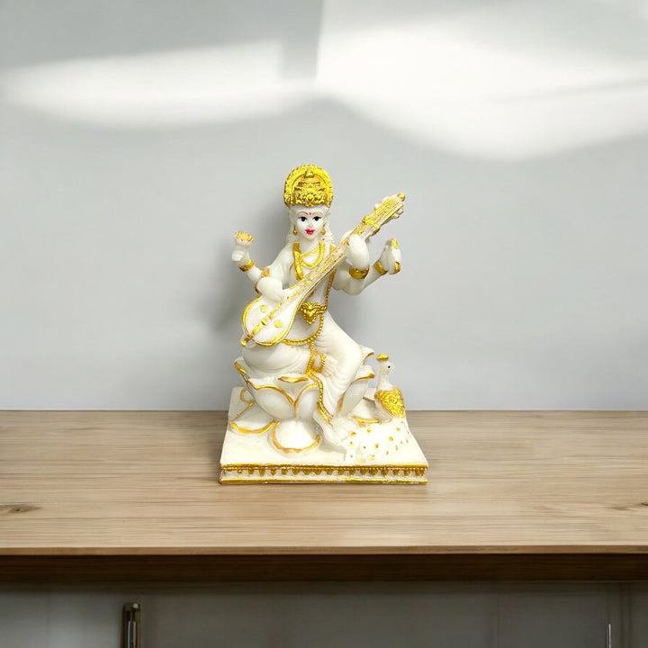 Lord Saraswati Idol Marble Look Murti Best For Home Temple H- 15 CM