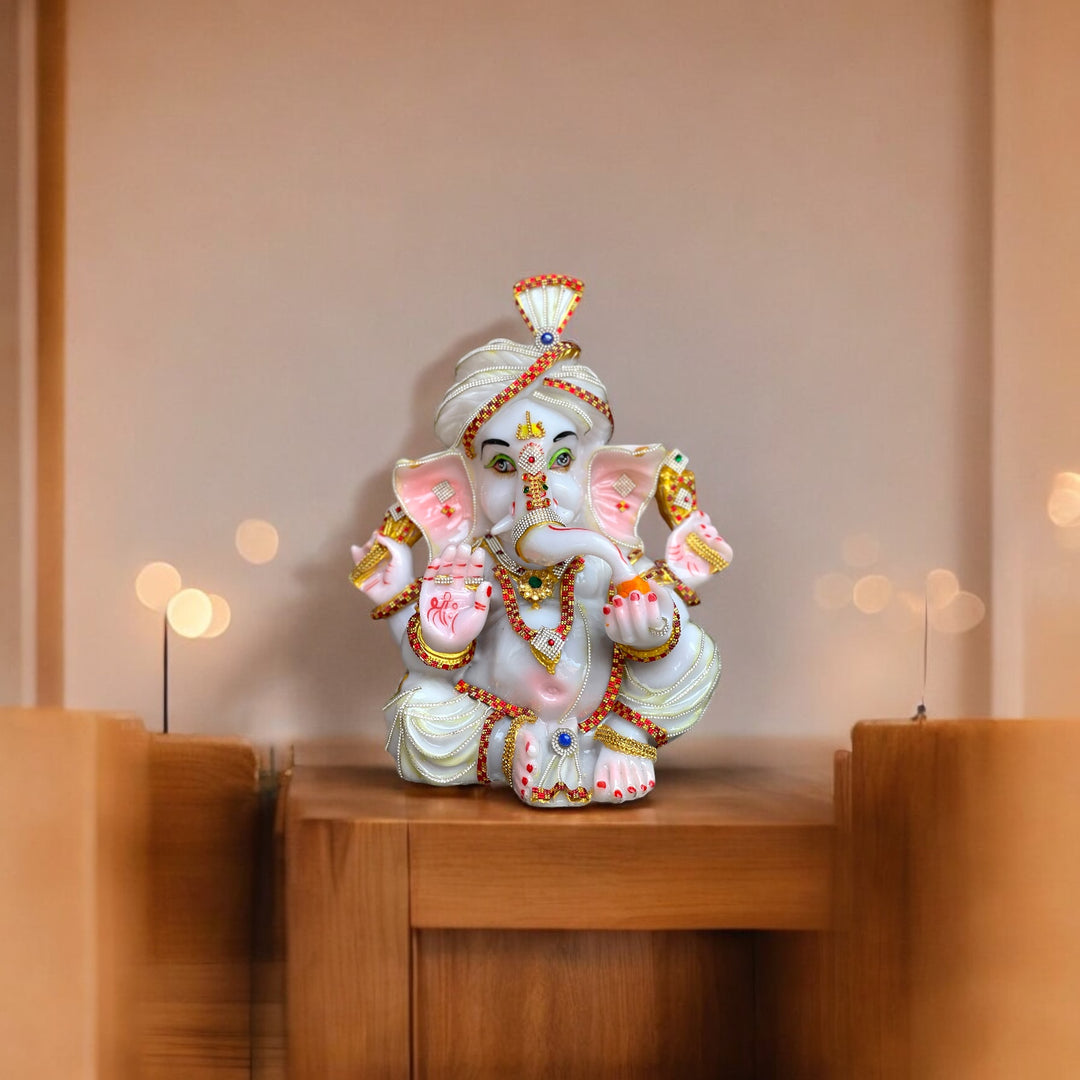 Pagdi Ganesha White Marble Look Decorative Ganesha Statue Murti H-34 cm