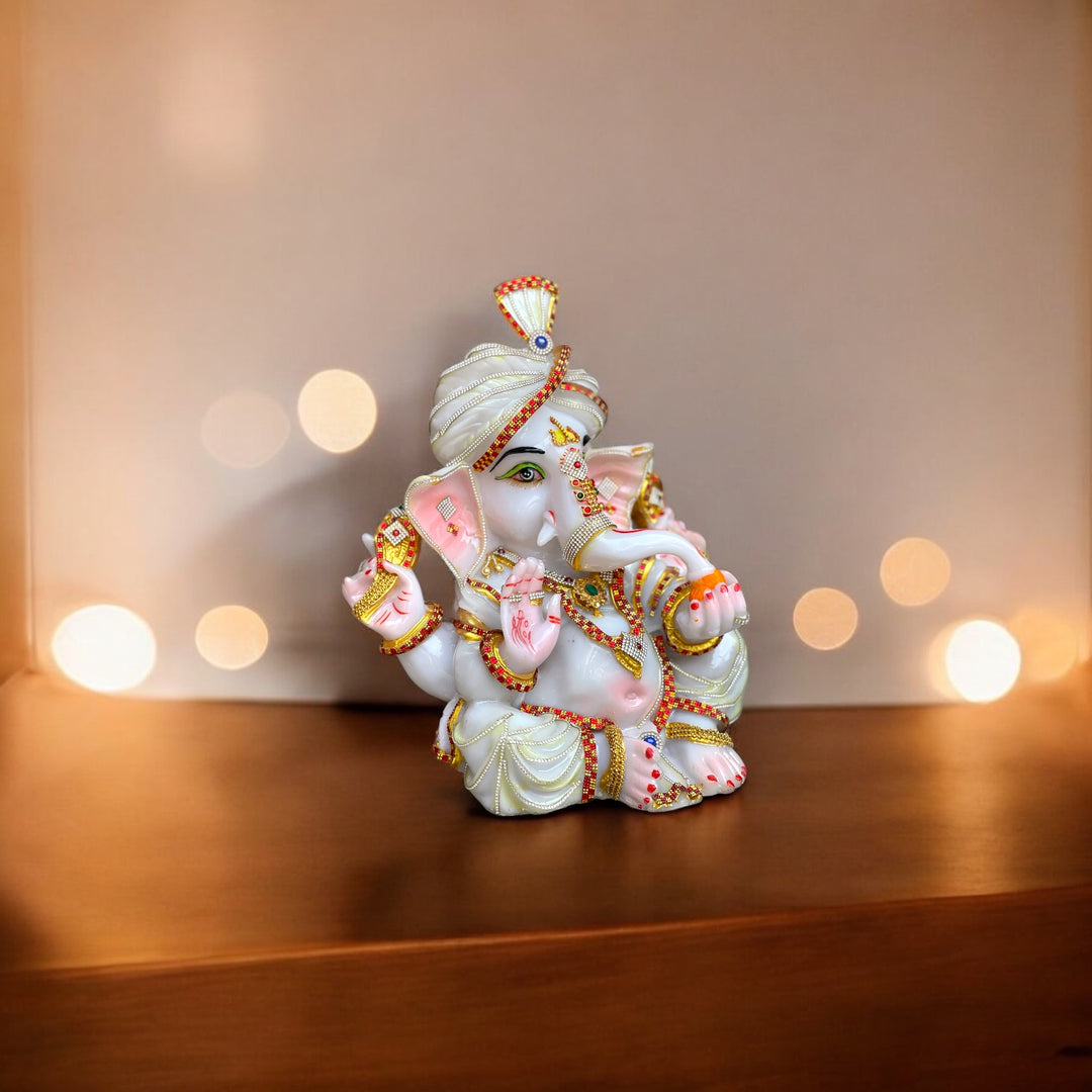 Pagdi Ganesha White Marble Look Decorative Ganesha Statue Murti H-34 cm