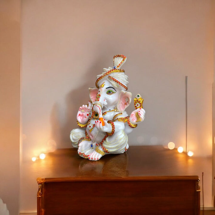 Pagdi Ganesha White Marble Look Decorative Ganesha Statue Murti H-34 cm