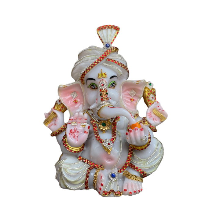 Pagdi Ganesha White Marble Look Decorative Ganesha Statue Murti H-34 cm