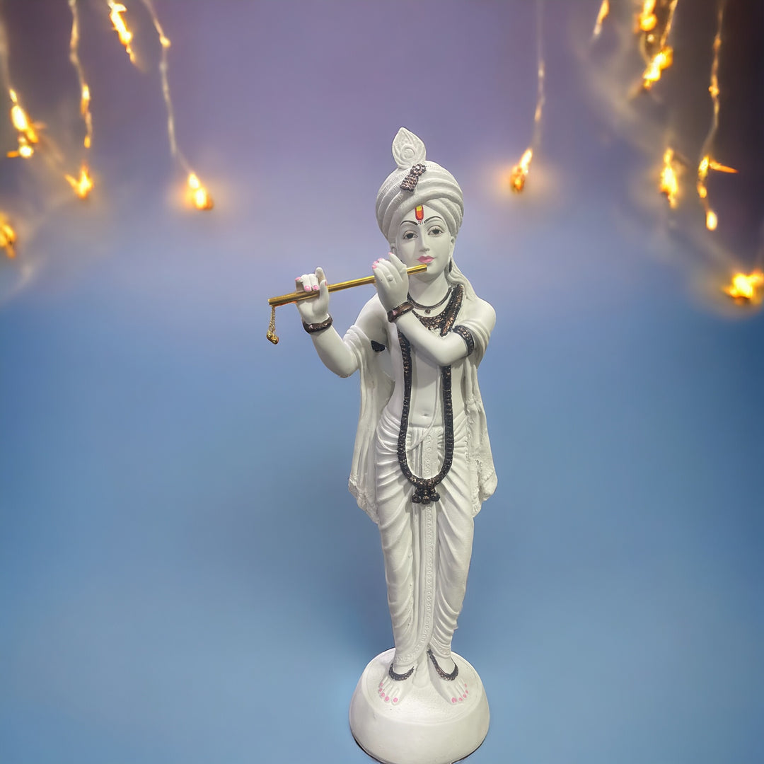 Standing Beautiful Krishna White Idol With Bansuri, Height- 30 Inches