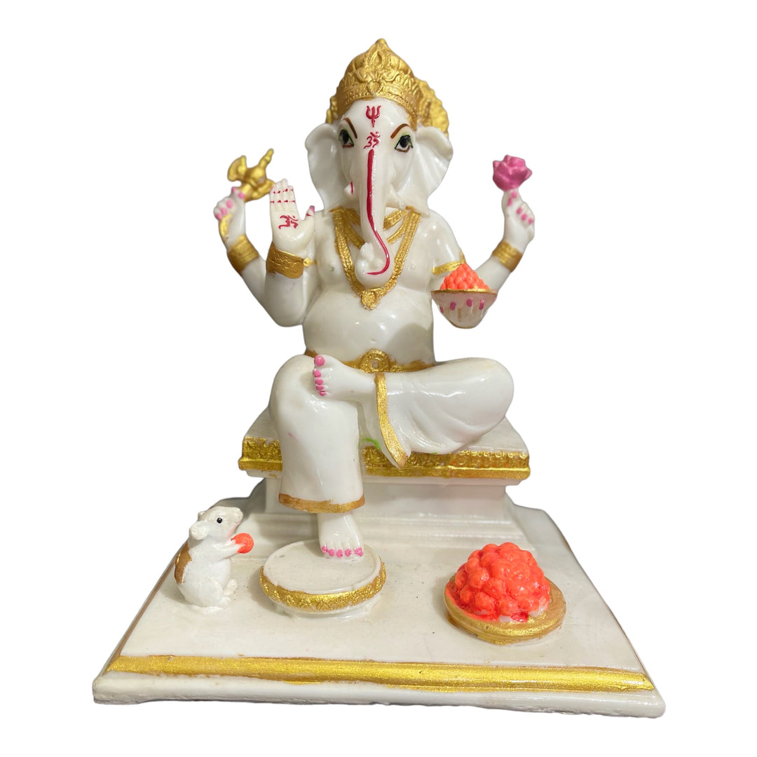 Gajanan Ganpati White Marble Look Ganesha with Rat Statue H-26 cm