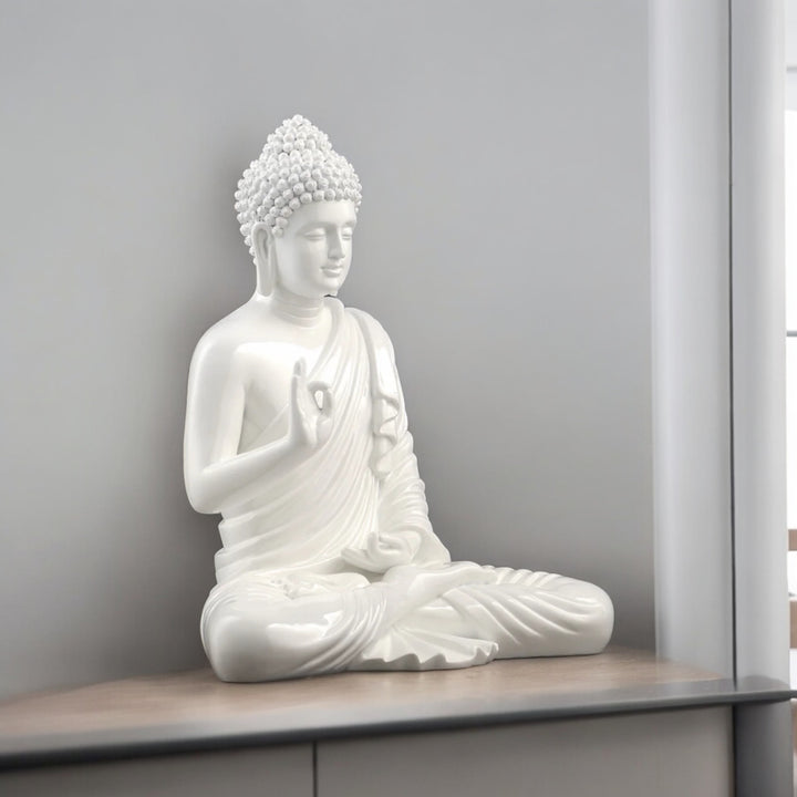 White Meditating Buddha Marble Look Statue Symbol of Peace Home decor Idol H- 37 CM