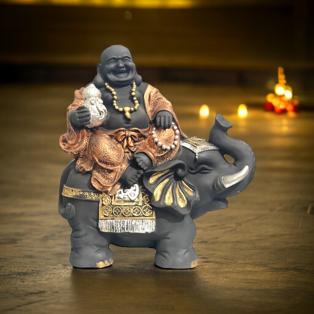 Laughing Buddha Sitting on Elephant Statue Resin Figurine H- 35 cm