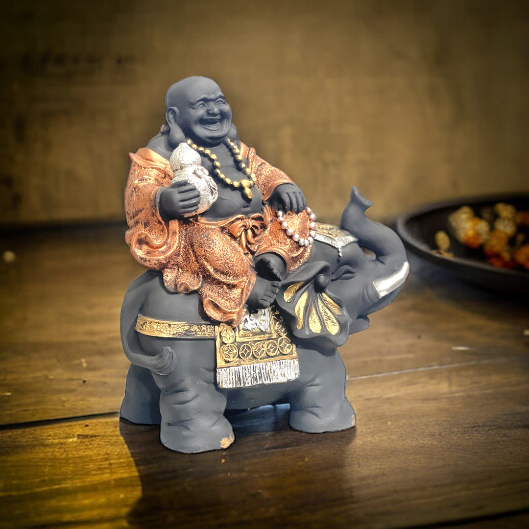 Laughing Buddha Sitting on Elephant Statue Resin Figurine H- 35 cm