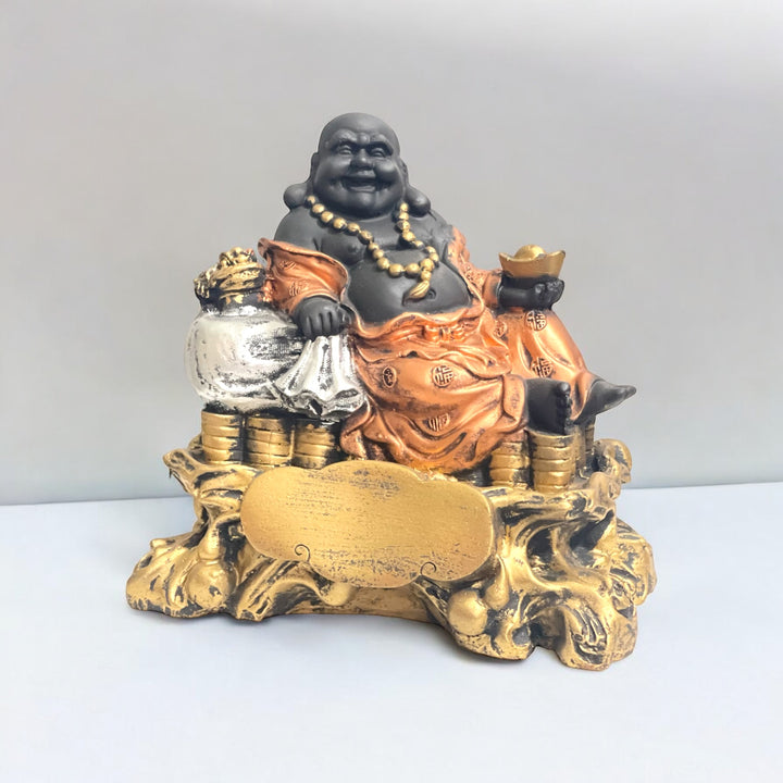 Laughing Buddha Sitting on Coins Statue Resin Figurine The Best Gift For Baby Shower H- 21 cm